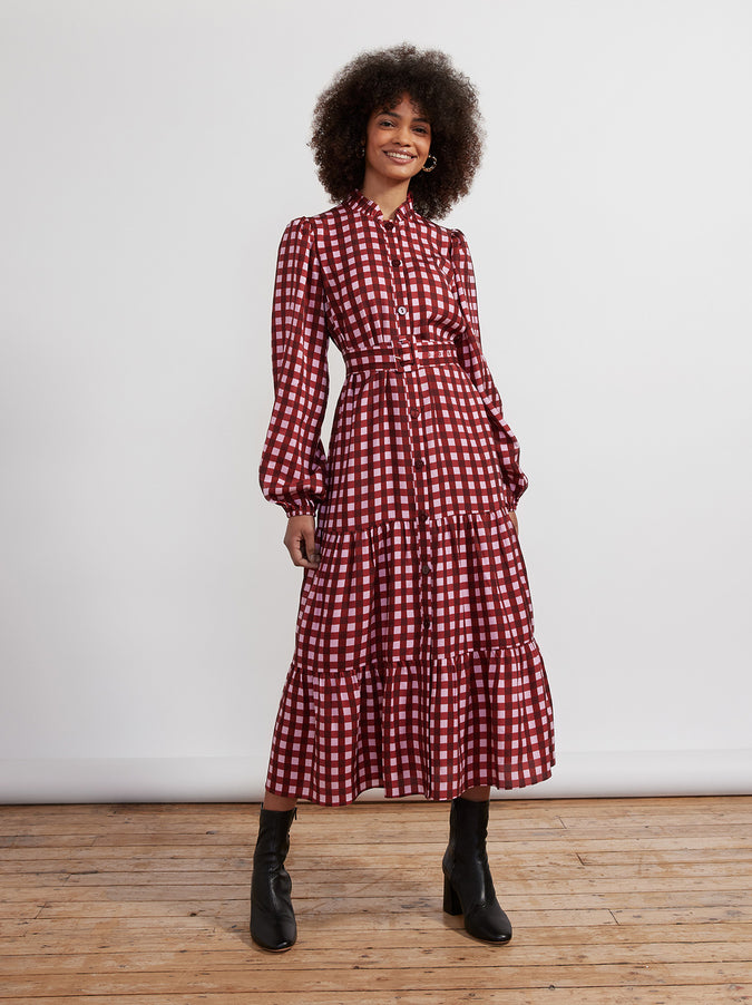 Lori Pink Checked Midi Dress by KITRI Studio