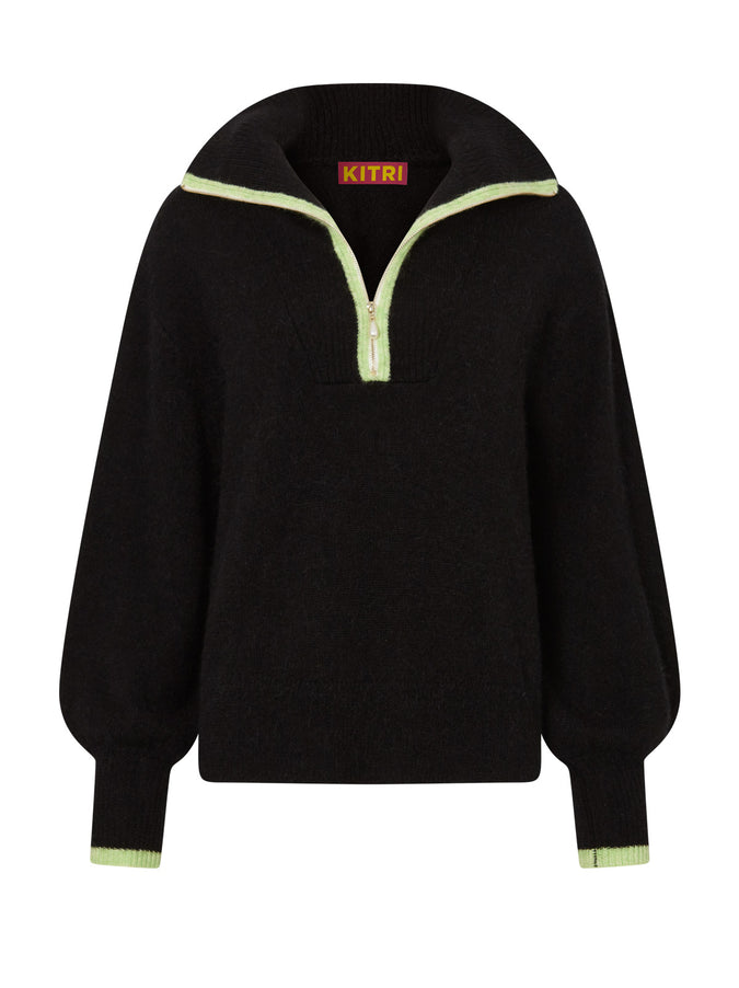 Lorna Black/Green Alpaca Blend Zip Collar Sweater by KITRI Studio