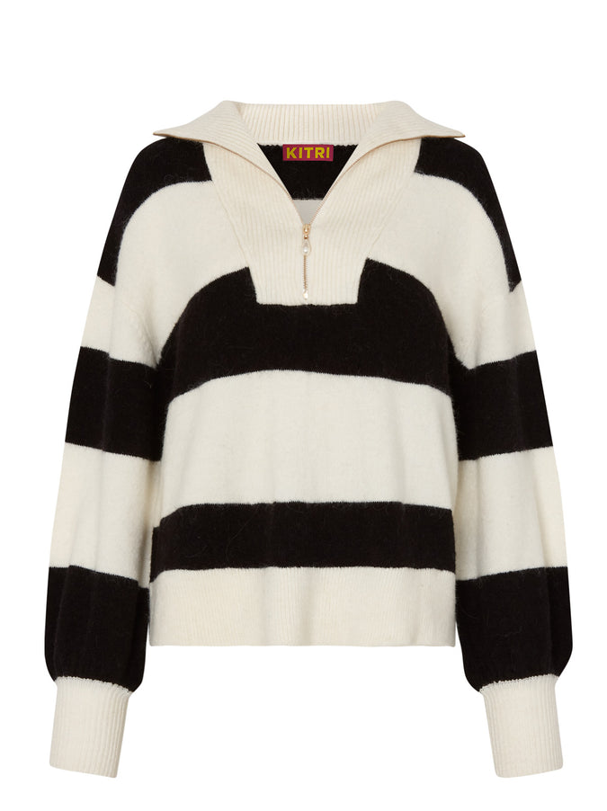 Lorna Black Striped Alpaca Blend Zip Collar Sweater by KITRI Studio