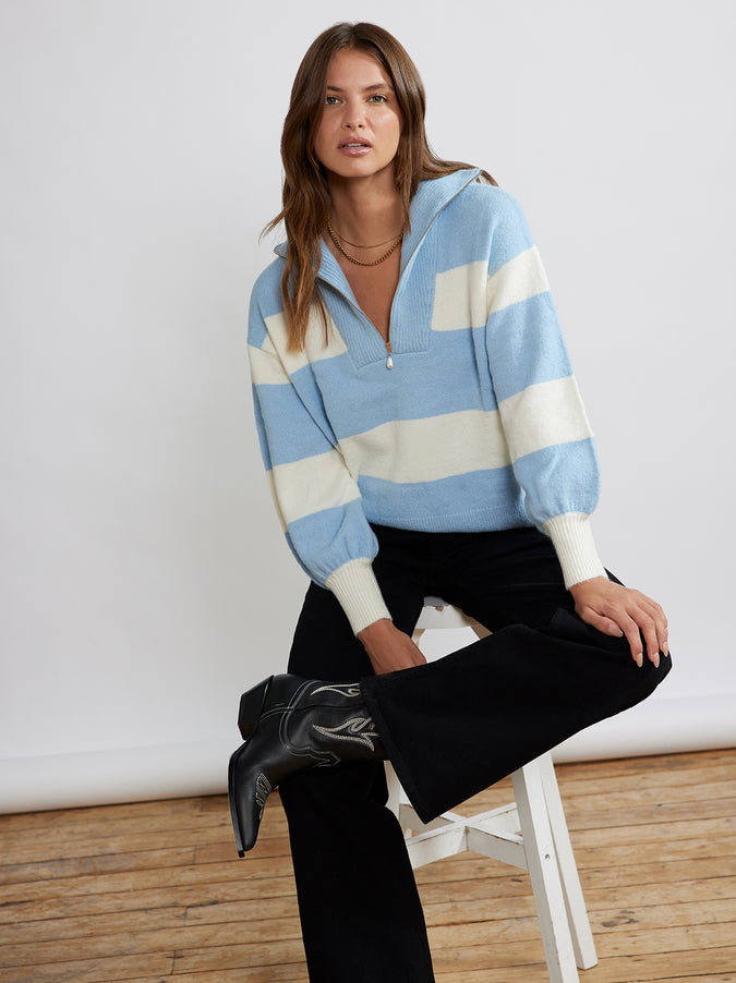 Lorna Blue Striped Alpaca Blend Zip Collar Sweater by KITRI Studio