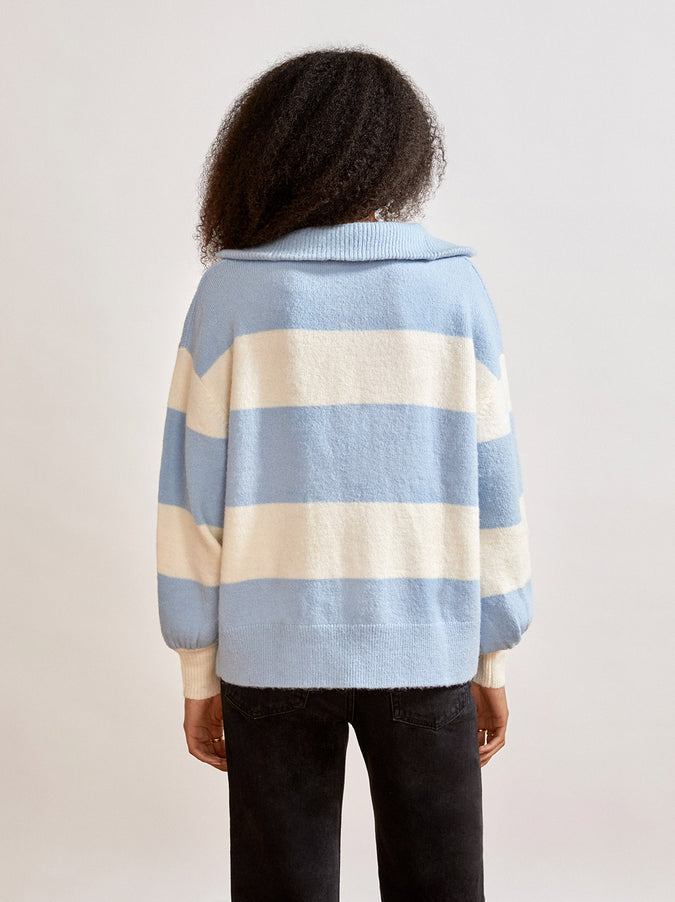 Lorna Blue Striped Alpaca Blend Zip Collar Sweater by KITRI Studio