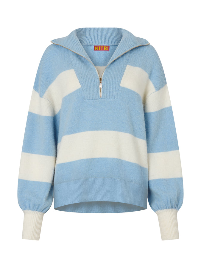 Lorna Blue Striped Alpaca Blend Zip Collar Sweater by KITRI Studio