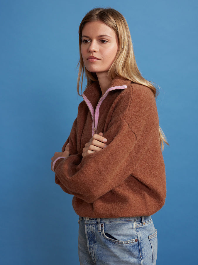 Lorna Chocolate Brown Half-Zip Sweater by KITRI Studio