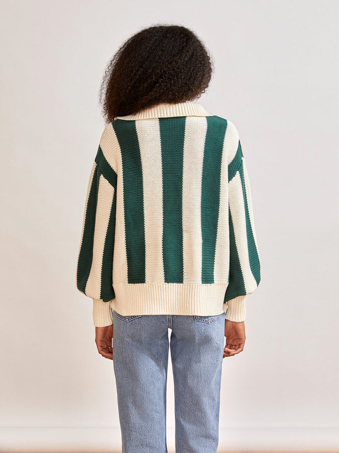 Lorna Green Stripe Zip Collar Cotton Sweater by KITRI Studio