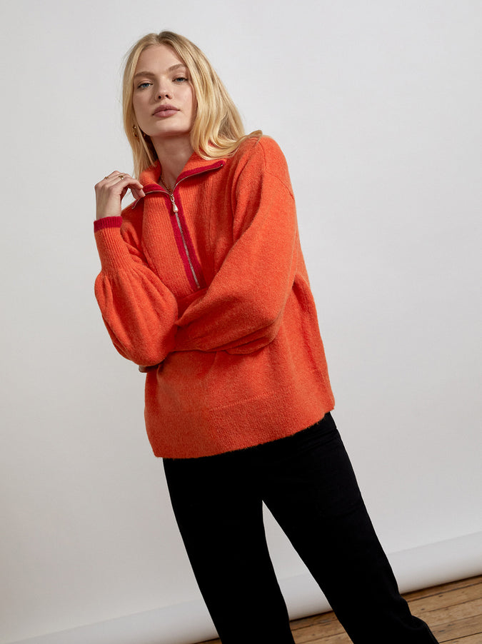Lorna Orange Alpaca Blend Zip Collar Sweater by KITRI Studio