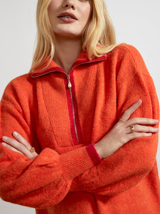 Lorna Orange Alpaca Blend Zip Collar Sweater by KITRI Studio