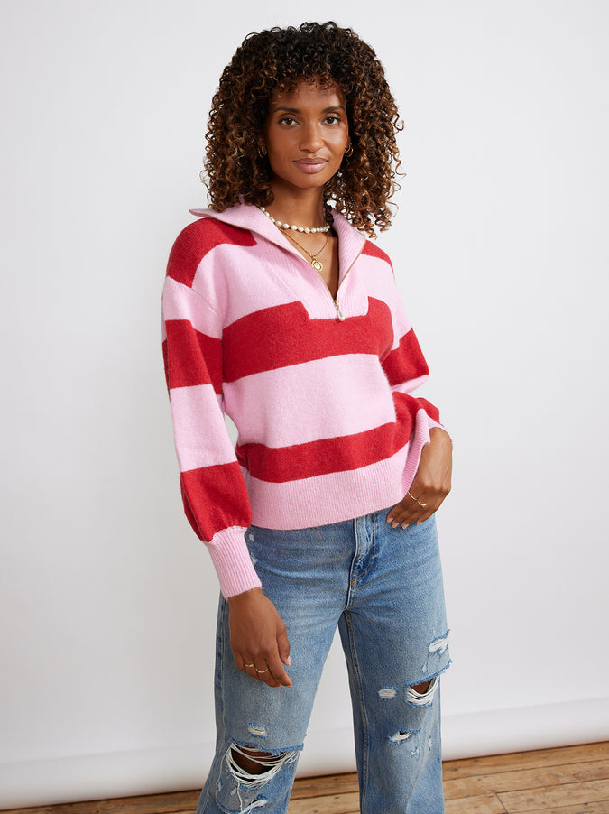 Lorna Pink Striped Alpaca Blend Zip Collar Sweater by KITRI Studio