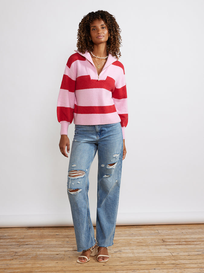 Lorna Pink Striped Alpaca Blend Zip Collar Sweater by KITRI Studio