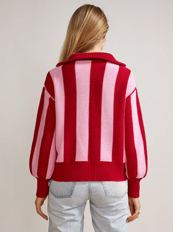 Lorna Pink Stripe Zip Collar Cotton Sweater by KITRI Studio