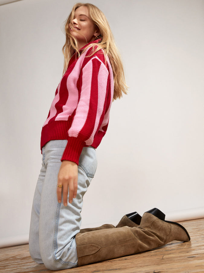 Lorna Pink Stripe Zip Collar Cotton Sweater by KITRI Studio