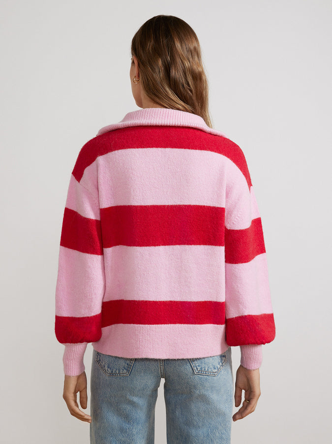 Lorna Pink Striped Alpaca Blend Zip Collar Sweater by KITRI Studio