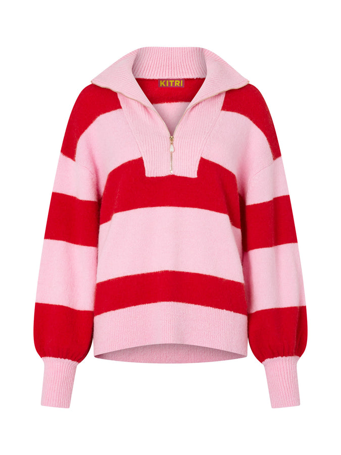 Lorna Pink Striped Alpaca Blend Zip Collar Sweater by KITRI Studio