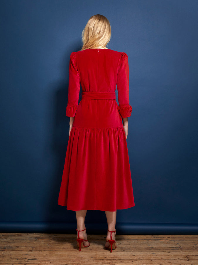 Luna Red Cotton Velvet Midi Dress by KITRI Studio