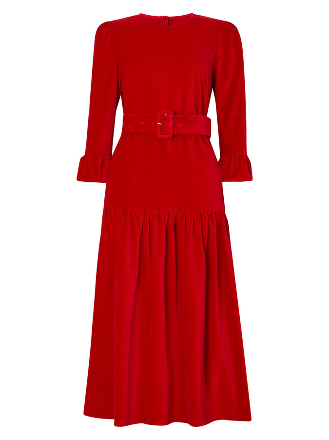 Luna Red Cotton Velvet Midi Dress by KITRI Studio