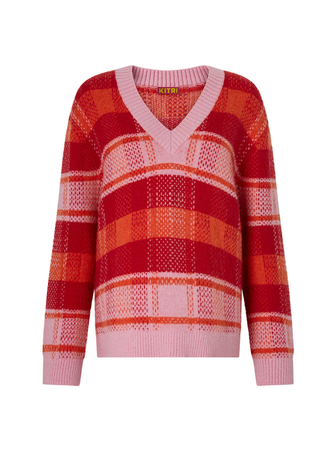 Maeby Pink Check V-Neck Sweater by KITRI Studio
