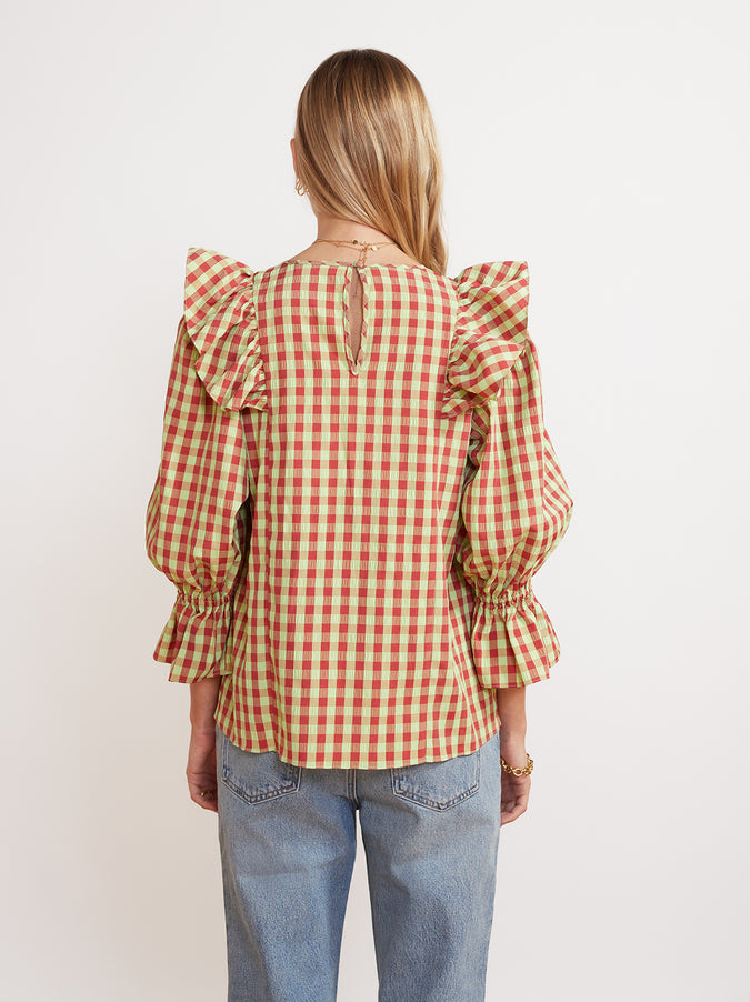 Magri Green Check Seersucker Frill Top