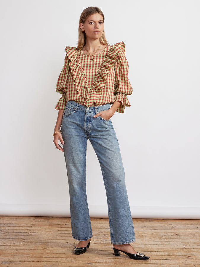 Magri Green Check Seersucker Frill Top