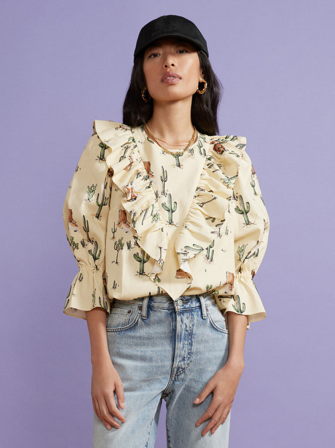 Magri Joshua Tree Print Frill Top by KITRI Studio