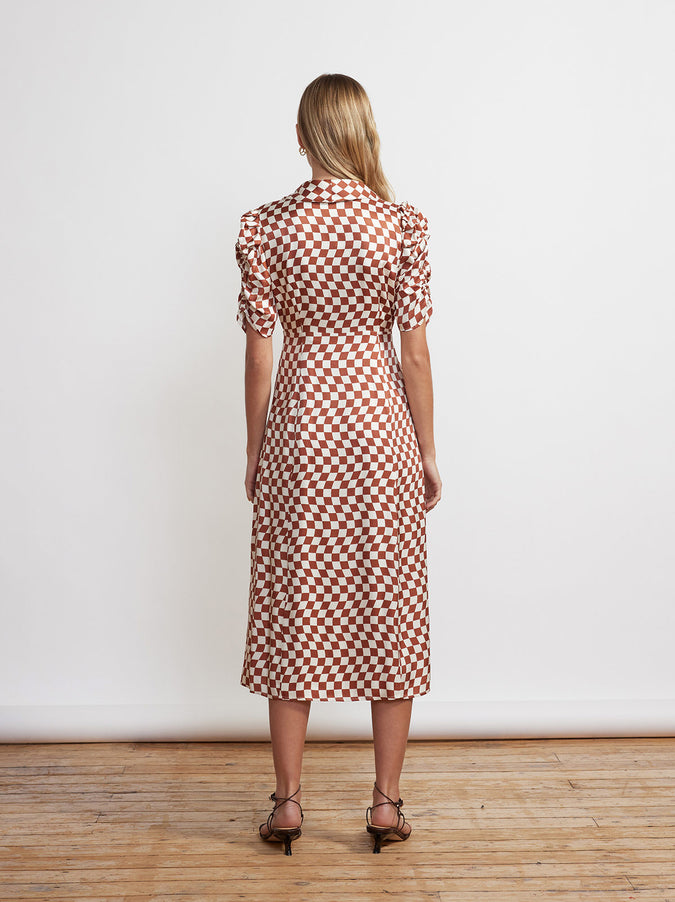 Maguire Brown Wavy Checker Midi Dress by KITRI Studio