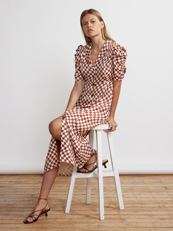 Maguire Brown Wavy Checker Midi Dress by KITRI Studio