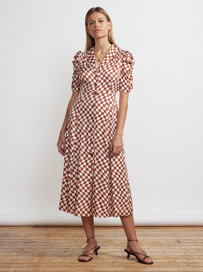 Maguire Brown Wavy Checker Midi Dress by KITRI Studio