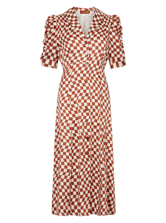 Maguire Brown Wavy Checker Midi Dress by KITRI Studio