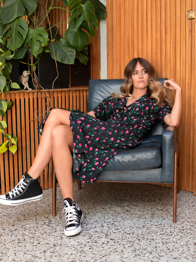Maguire Black Rose Print Tea Dress