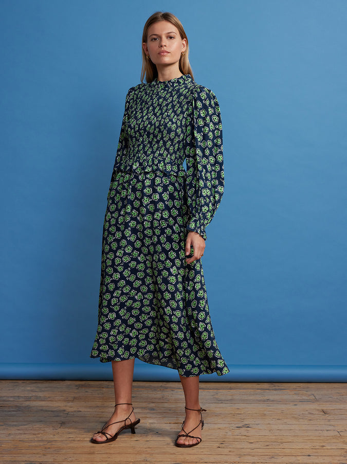 Marcia Blue Painted Floral Shirred Dress by KITRI Studio