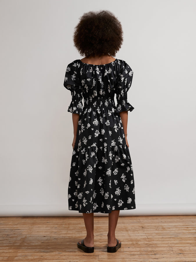 Margot Black Mono Floral Midi Dress