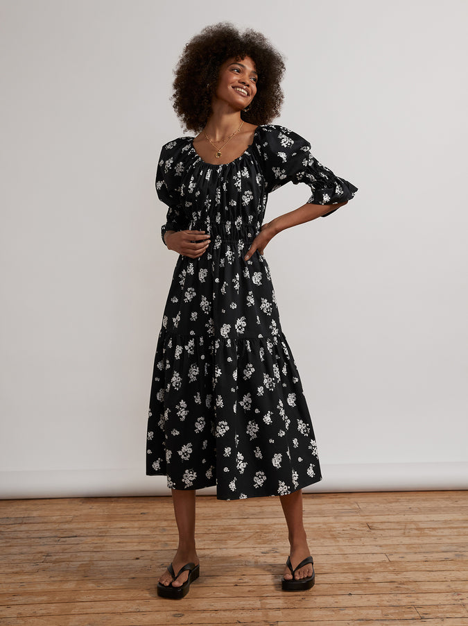 Margot Black Mono Floral Midi Dress