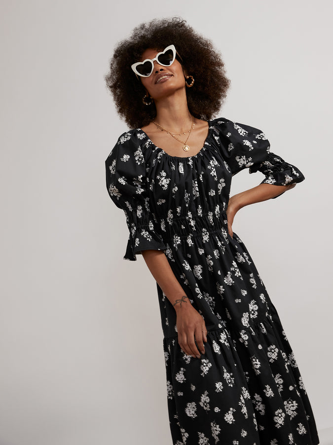 Margot Black Mono Floral Midi Dress