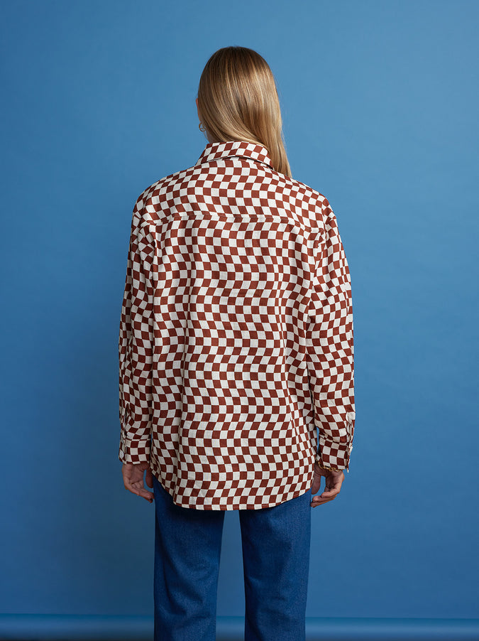 Mariana Brown Wavy Checker Boyfriend Shirt by KITRI Studio