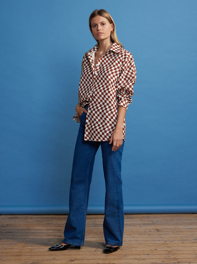 Mariana Brown Wavy Checker Boyfriend Shirt by KITRI Studio