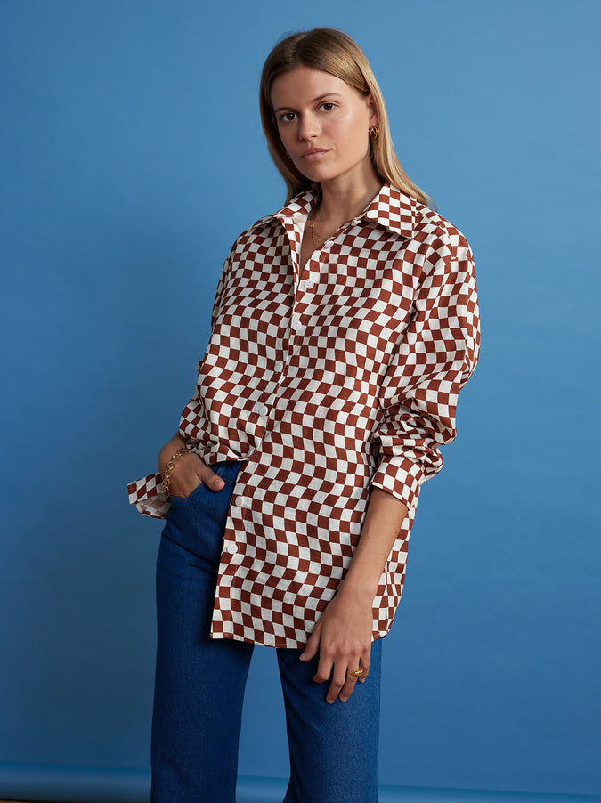 Mariana Brown Wavy Checker Boyfriend Shirt by KITRI Studio