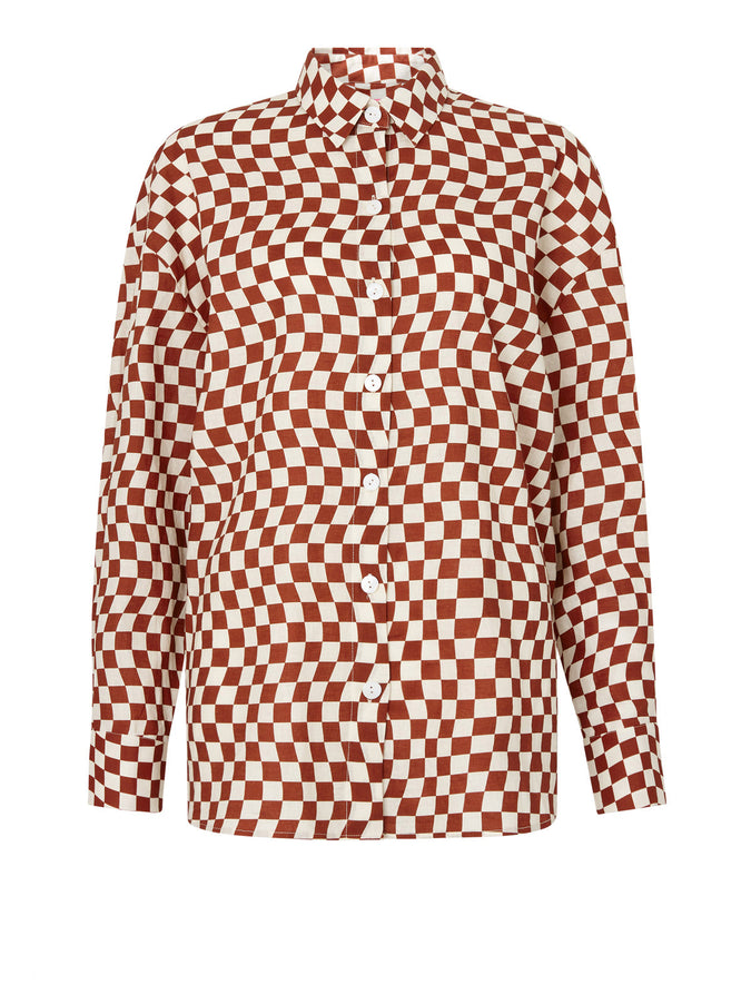 Mariana Brown Wavy Checker Boyfriend Shirt by KITRI Studio