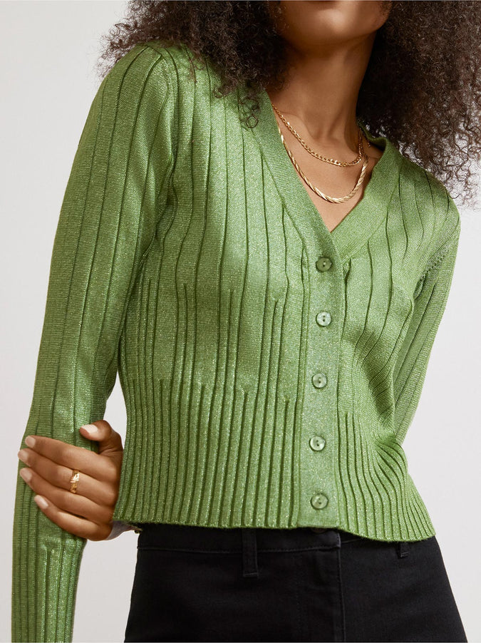 Maryam Green Lurex V-Neck Knit Cardigan by KITRI Studio