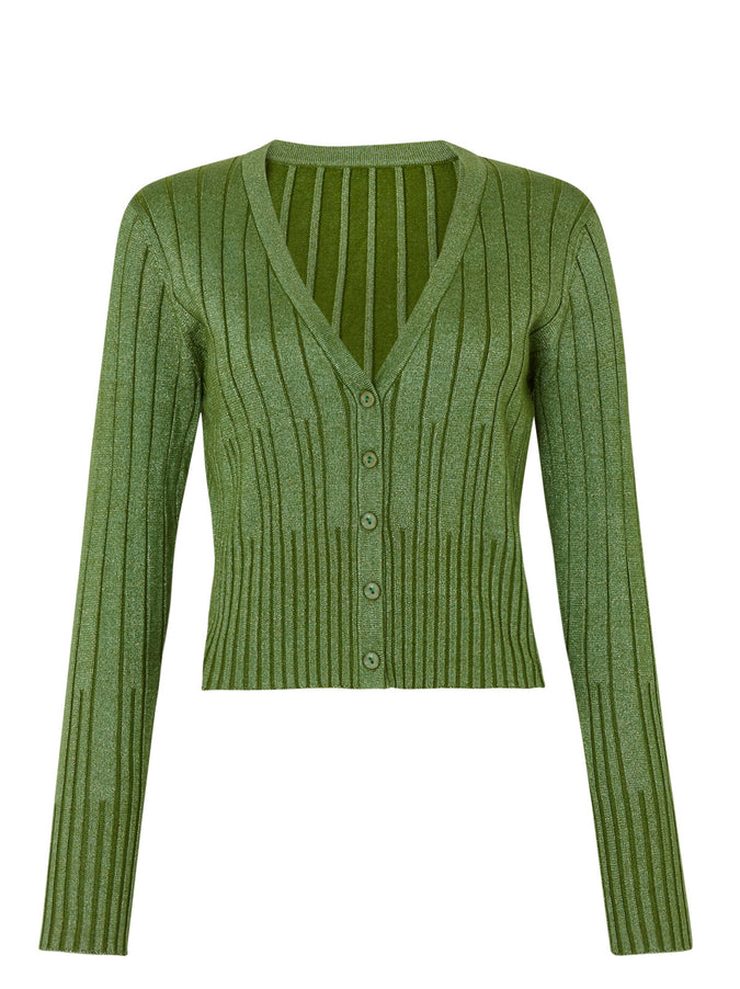 Maryam Green Lurex V-Neck Knit Cardigan by KITRI Studio