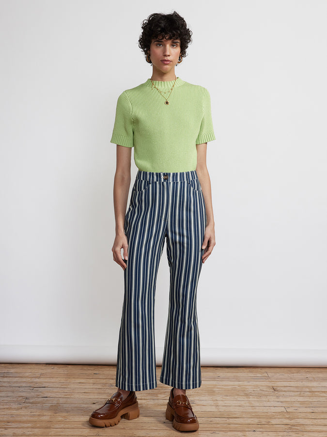 Nadia Blue Stripe Flared Cotton Canvas Trousers by KITRI Studio