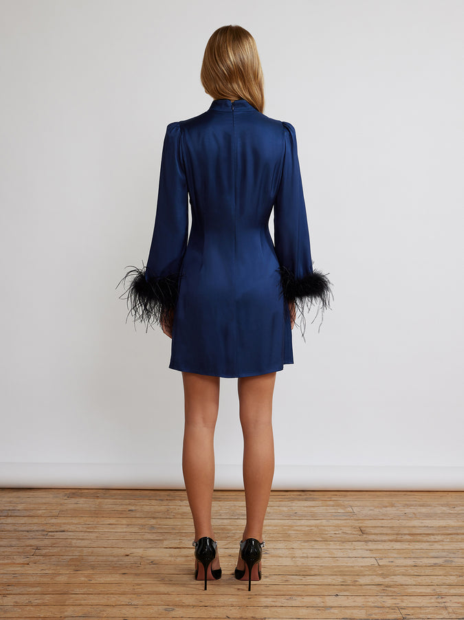Naomi Navy Satin Feather Mini Dress by KITRI Studio