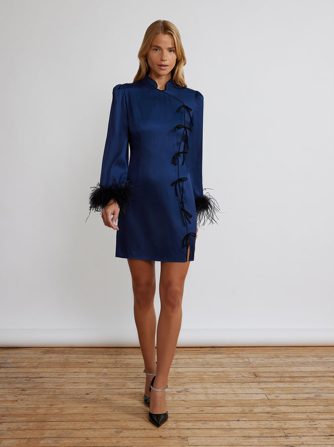 Naomi Navy Satin Feather Mini Dress by KITRI Studio