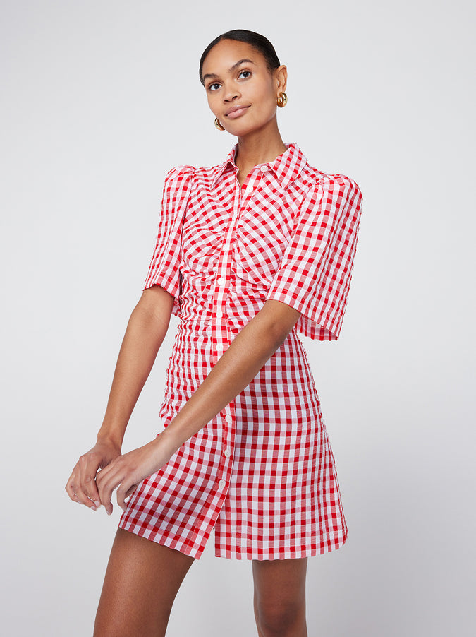 Nellie Red Gingham Mini Shirt Dress by KITRI Studio