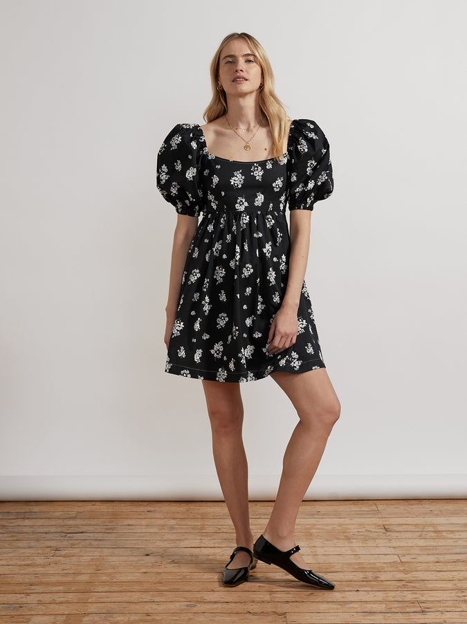 Olga Tie Back Black Mono Floral Mini Dress