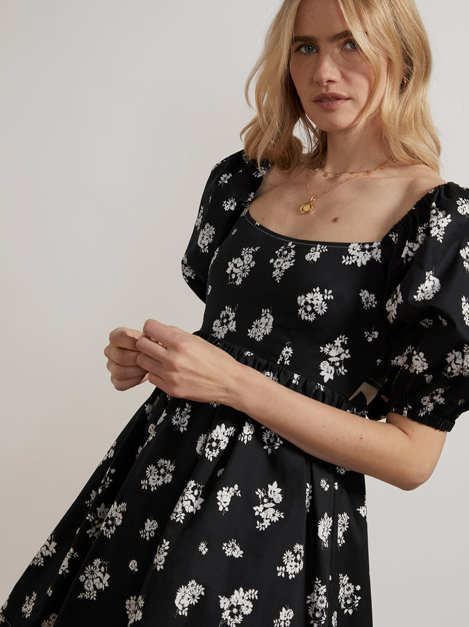 Olga Tie Back Black Mono Floral Mini Dress