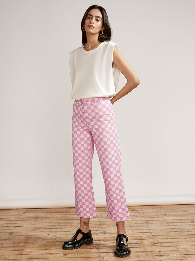 Olive Pink Checker Trousers by KITRI Studio