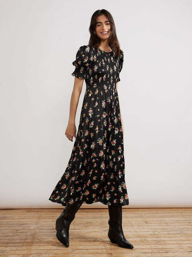 Persephone Shirred Black Floral Dress by KITRI Studio