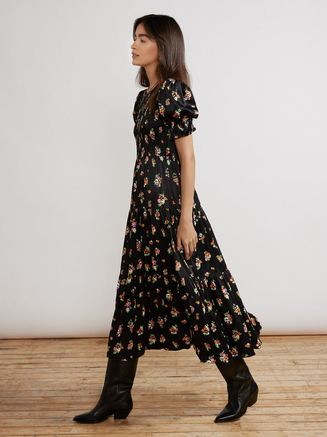 Persephone Shirred Black Floral Dress by KITRI Studio