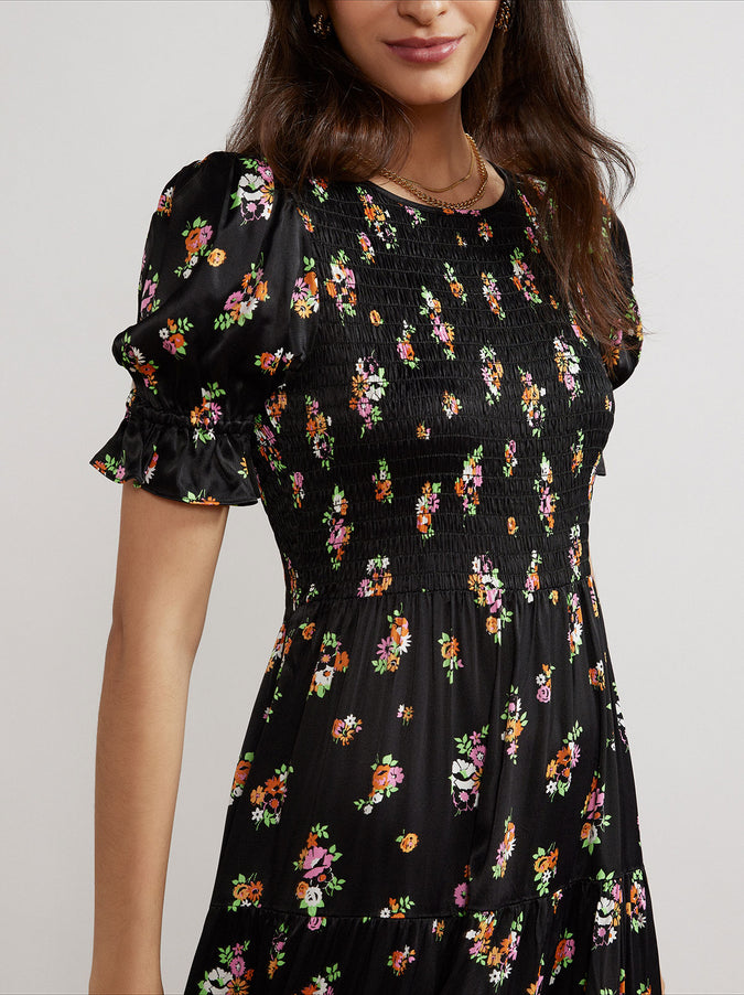 Persephone Shirred Black Floral Dress by KITRI Studio