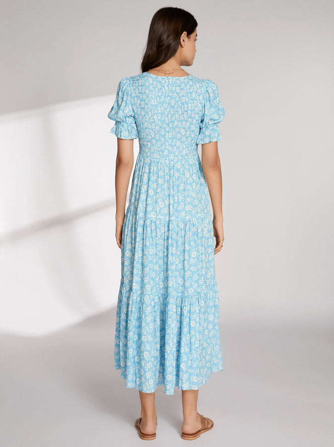 Persephone Shirred Blue Floral Dress by KITRI Studio