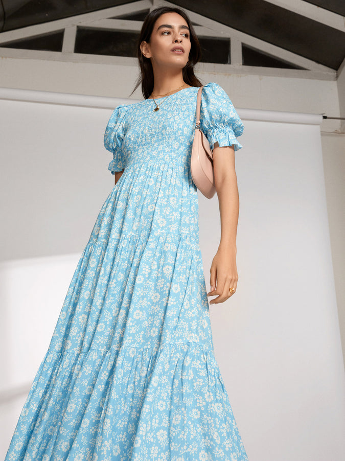 Persephone Shirred Blue Floral Dress by KITRI Studio
