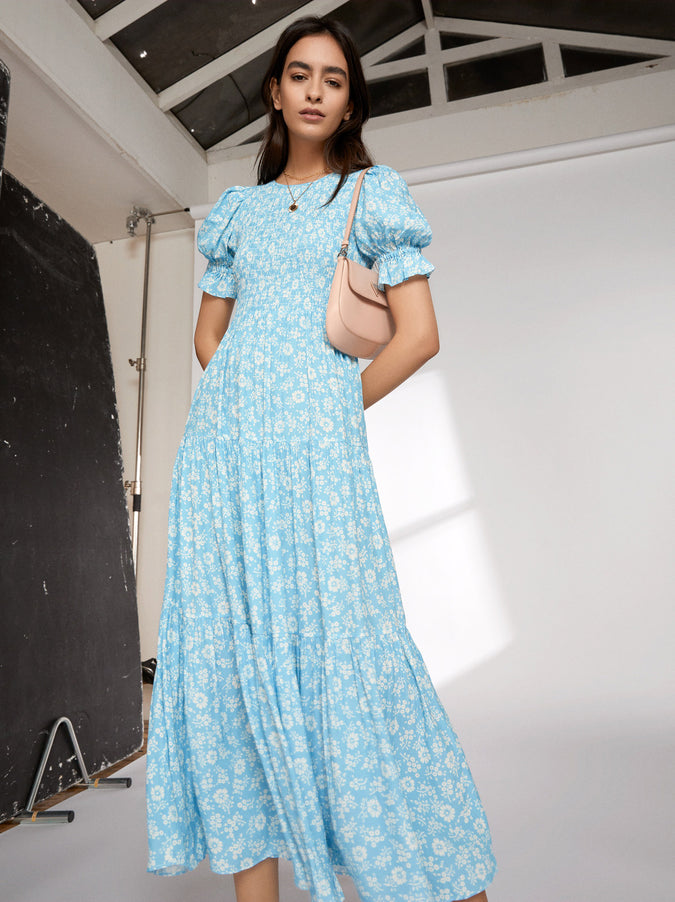 Persephone Shirred Blue Floral Dress by KITRI Studio